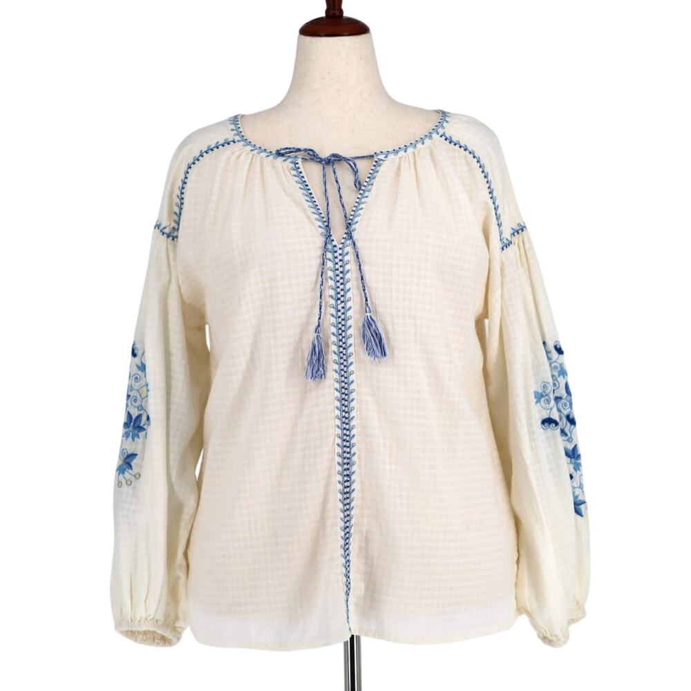 Max Studio Women Cotton Embroidered Airy Boho Peasant Balloon Sleeve Top Size M